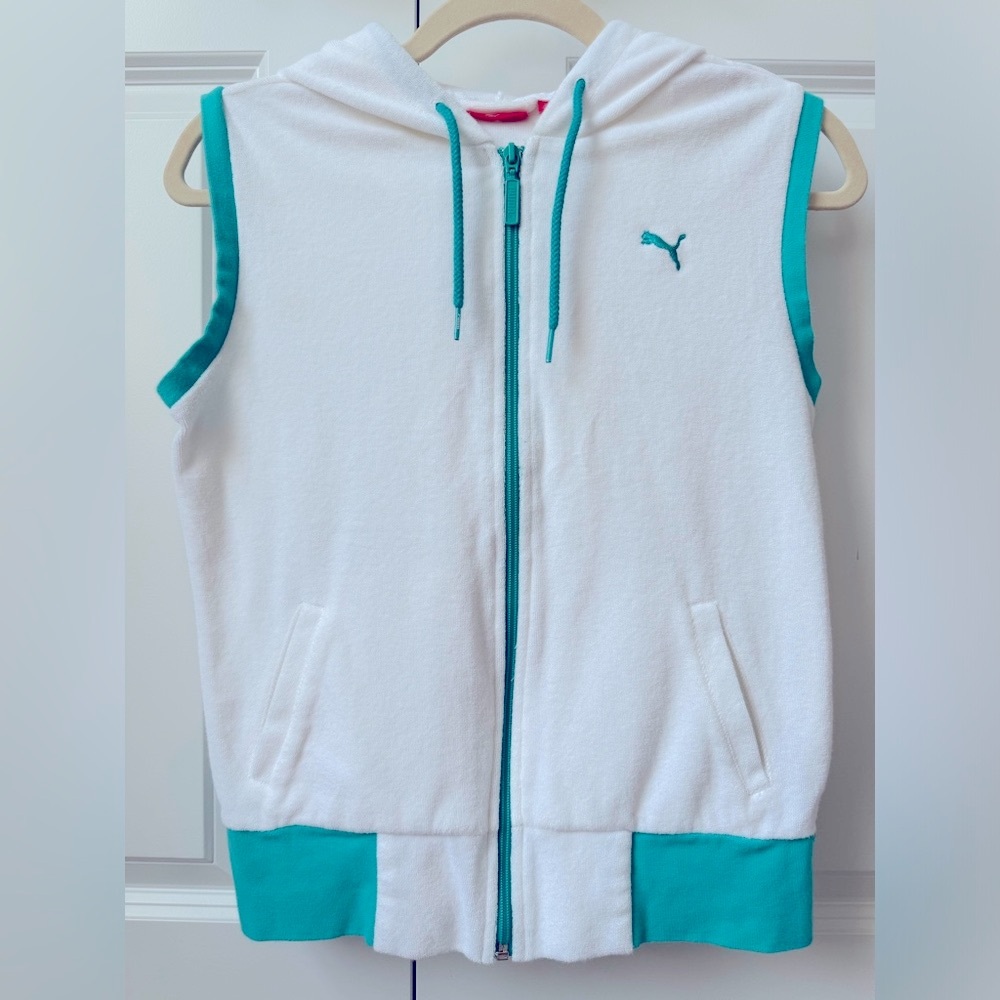 Puma Terry Cloth Vest EUC Hooded Hoodie Cropped White Teal Aqua Turquoise Towel